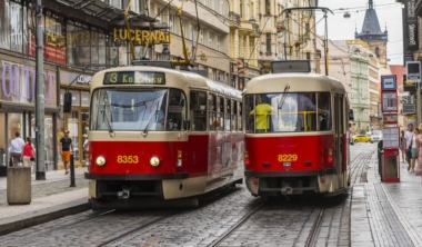 Red tram in Prague city center.