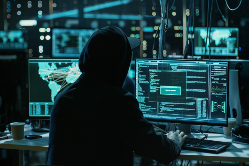 Teenage Hacker Working with His Computer Infecting Servers and Infrastructure with Malware. His Hideout is Dark, Neon Lit and Has Multiple displays.