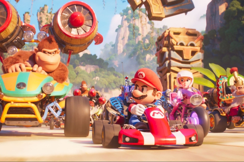 (from left) Donkey Kong (Seth Rogen), Mario (Chris Pratt), Princess Peach (Anya Taylor-Joy)  and Cranky Kong (Fred Armisen) in Nintendo and Illumination’s The Super Mario Bros. Movie, directed by Aaron Horvath and Michael Jelenic.