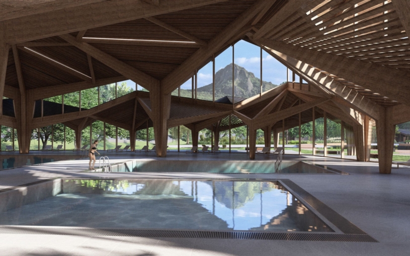 Jeho bazénový komplex ze dřeva připomíná koruny stromů. Mladý architekt díky tomu získal stáž v Japonsku