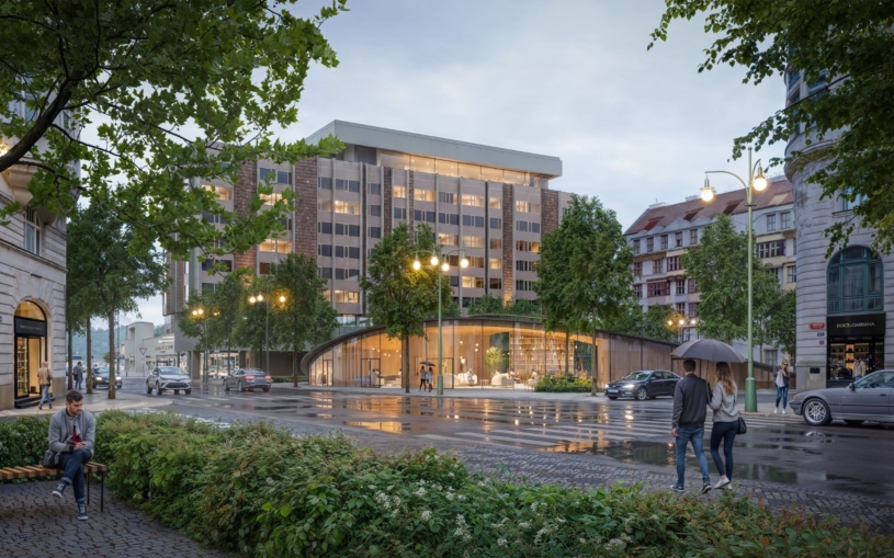 Před hotelem Fairmont v Pařížské ulici to konečně ožije. Vyroste tu vodní zrcadlo i zapuštěný pavilon