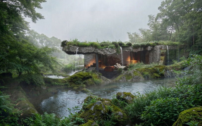 Mech, stékající voda a japonská příroda. Češi navrhli dům, který splývá s krajinou ostrova Jakušima