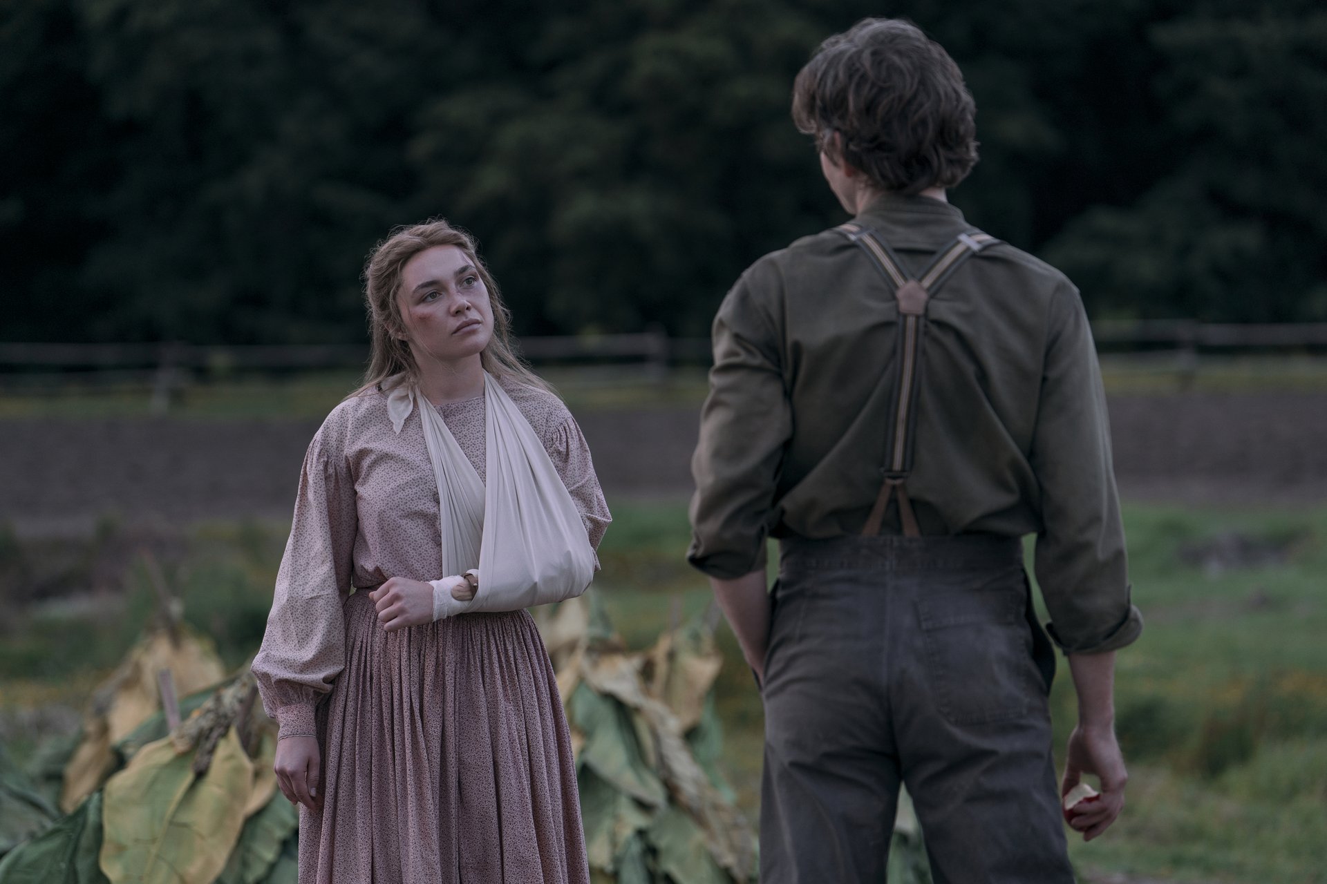 "A woman with her arm in a sling faces a man in suspenders outdoors, standing near large green leaves in a rural farm setting with trees and a field in the background."
