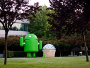 Giant Google Android statue with puppy and cupcake