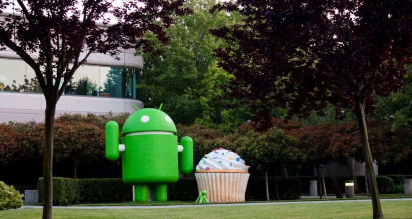 Giant Google Android statue with puppy and cupcake