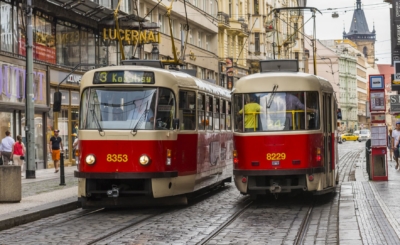 Red tram in Prague city center.