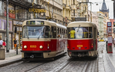 Red tram in Prague city center.
