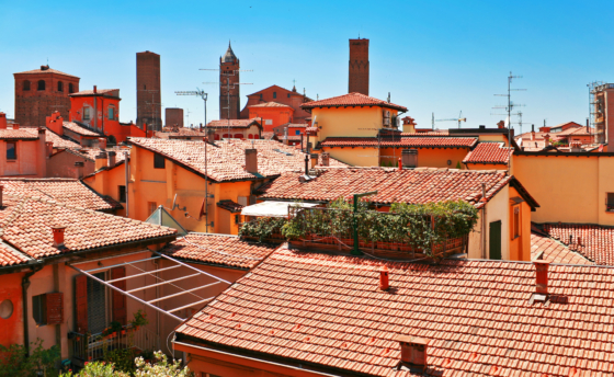 Aerial view of red roofs in Bologna