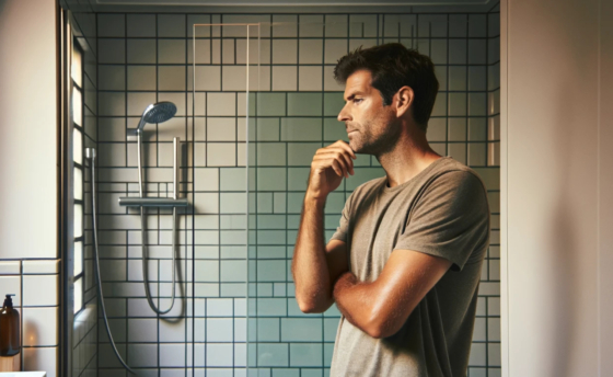 dalle-2024-04-25-08-52-27-a-man-in-a-bathroom-standing-in-a-thoughtful-pose-debating-whether-to-shower-or-not-the-bathroom-is-modern-with-tiled-walls-and-a-glass-shower-stal