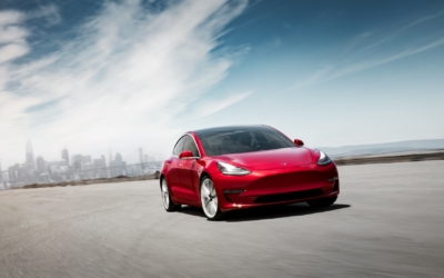 tesla-Model 3 Performance – Red Front Motion – SF Skyline